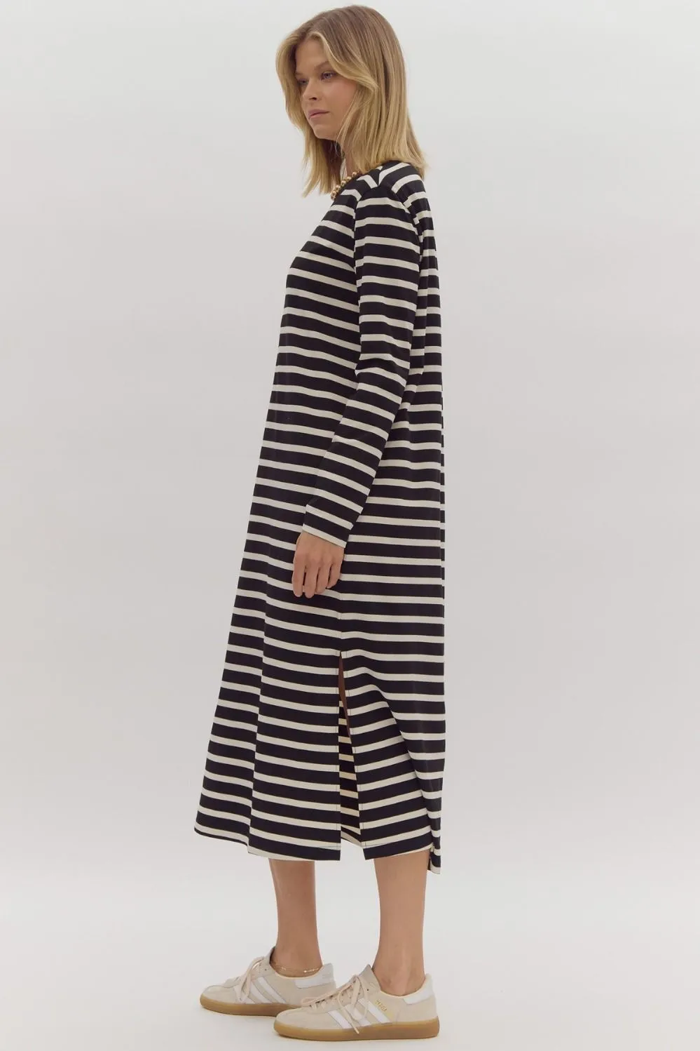 Stripe Print Round Neck Long Sleeve Midi Dress