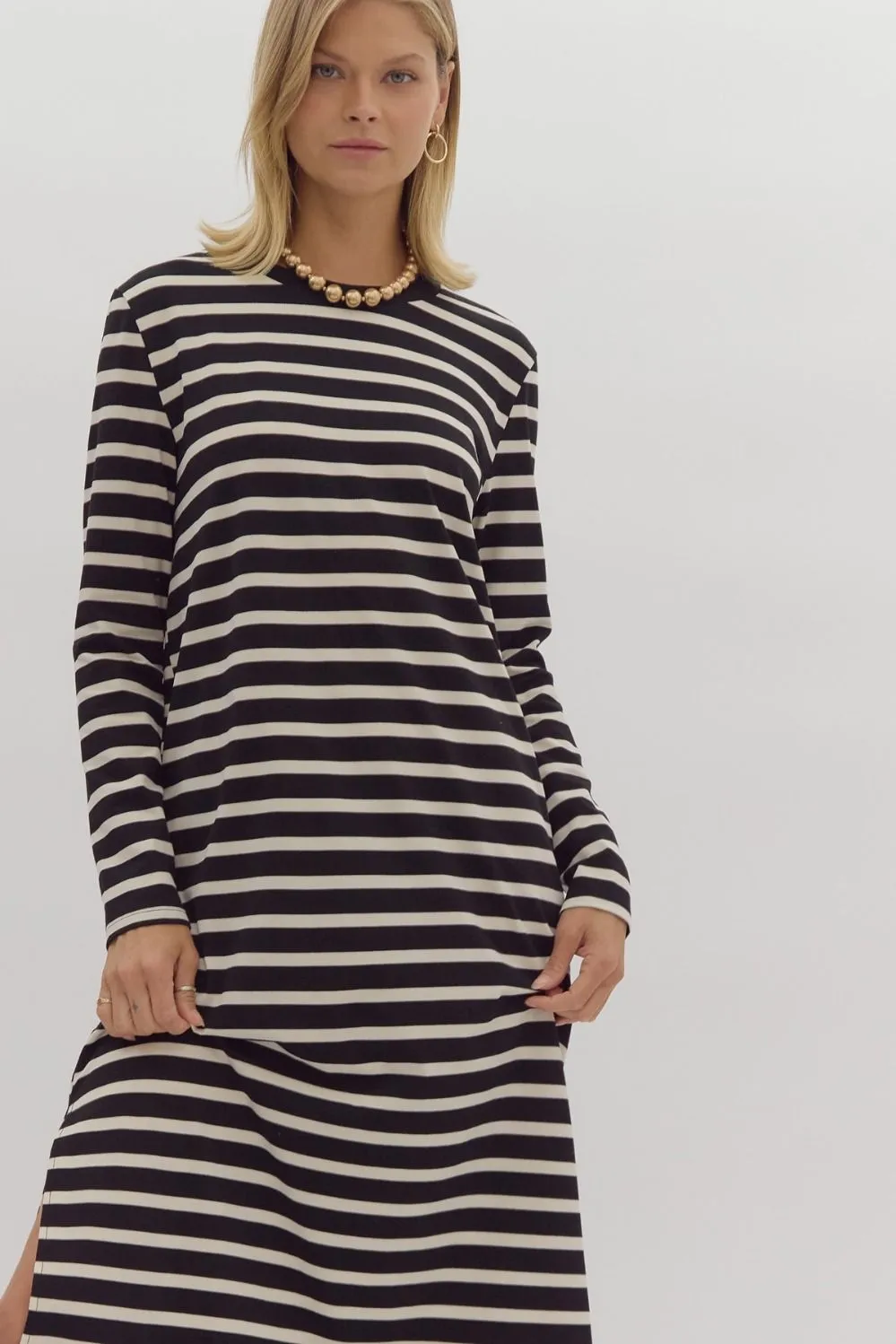 Stripe Print Round Neck Long Sleeve Midi Dress