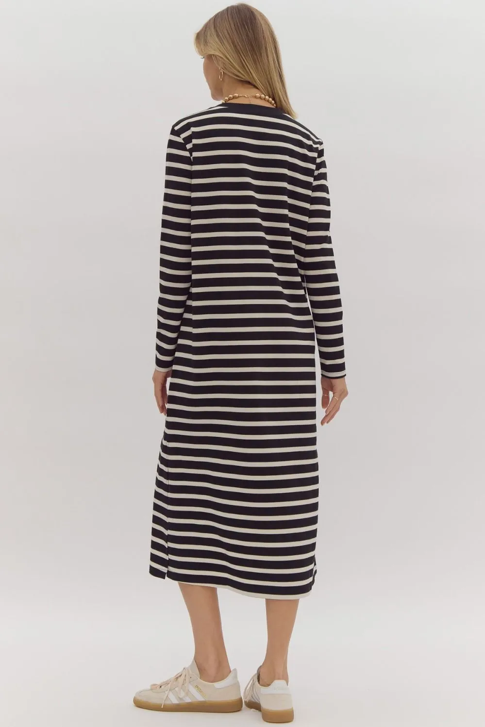 Stripe Print Round Neck Long Sleeve Midi Dress