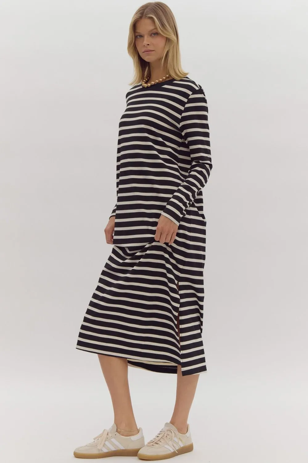 Stripe Print Round Neck Long Sleeve Midi Dress