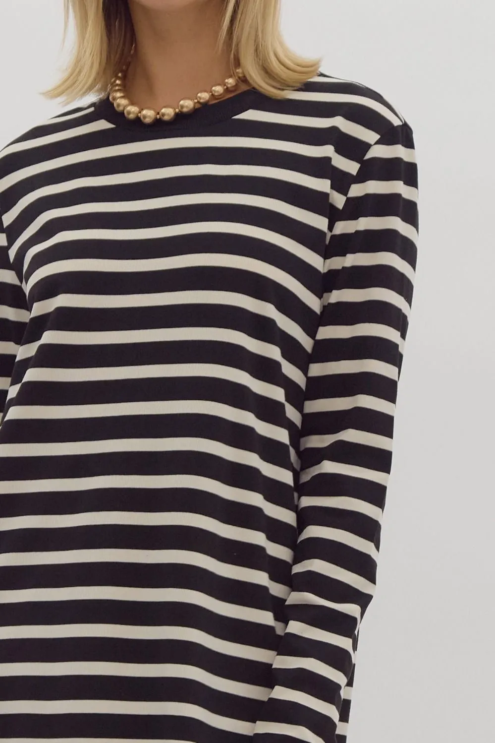 Stripe Print Round Neck Long Sleeve Midi Dress