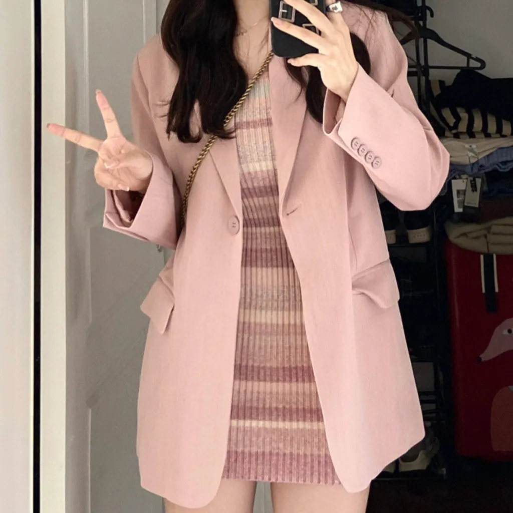 Striped Knitted Dress Long-Sleeved Pink Blazer Top