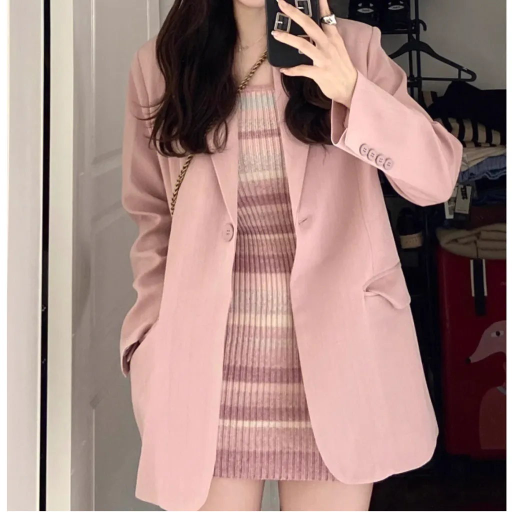 Striped Knitted Dress Long-Sleeved Pink Blazer Top