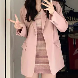 Striped Knitted Dress Long-Sleeved Pink Blazer Top