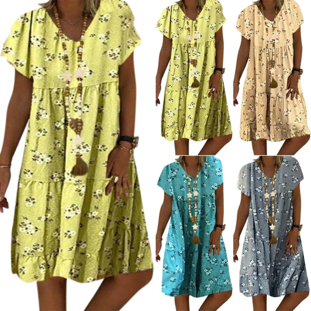 Summer Fashion Women Floral Print  V Neck Short Sleeve Dress