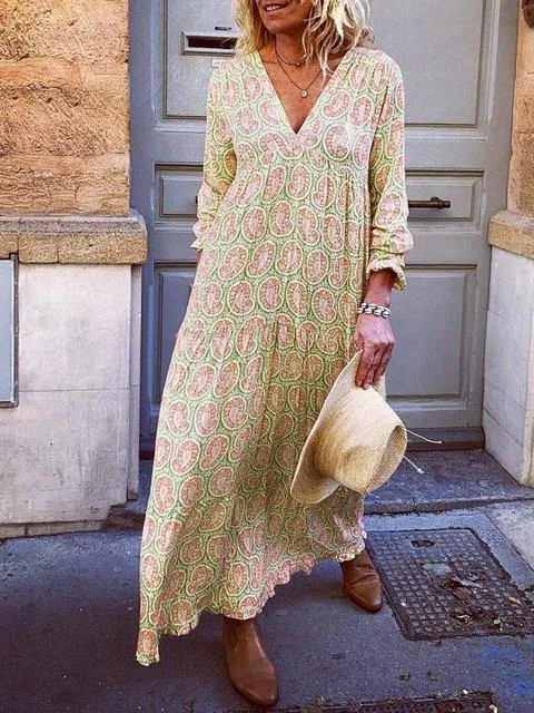 Summer new European and American hot sale explosion sexy V-neck long-sleeved dress solid color print long skirt female
