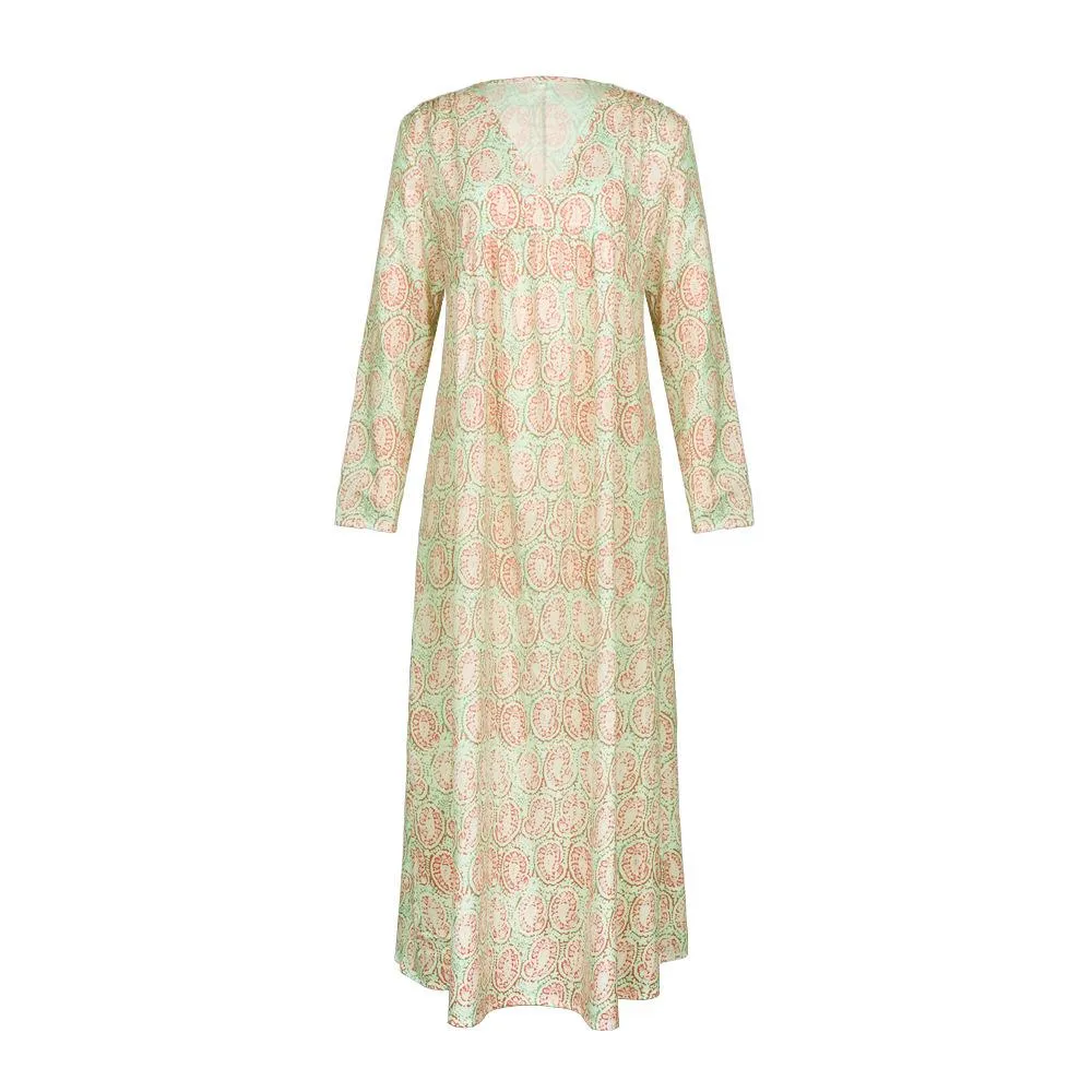 Summer new European and American hot sale explosion sexy V-neck long-sleeved dress solid color print long skirt female