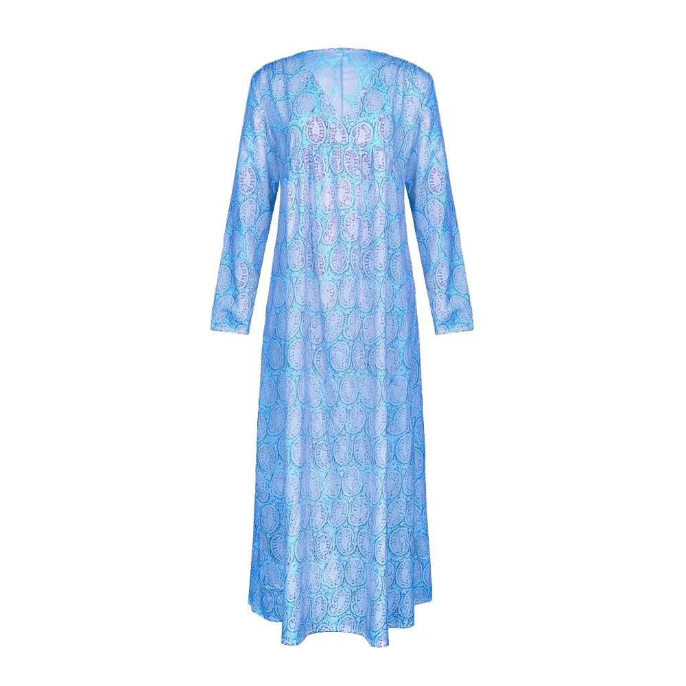 Summer new European and American hot sale explosion sexy V-neck long-sleeved dress solid color print long skirt female