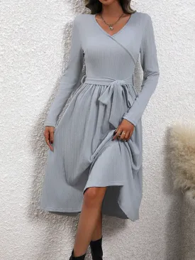 Surplice Tie Waist Long Sleeve Midi Dress