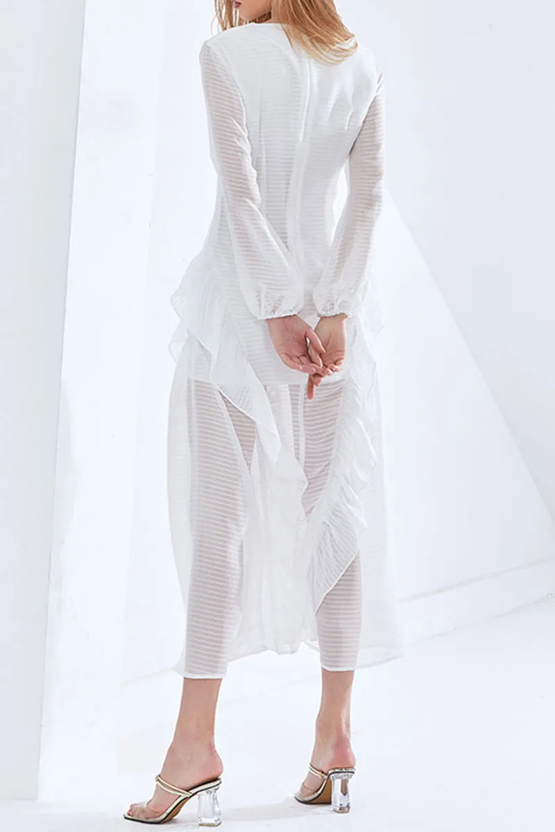 Sweet Vacation Solid See-through Flounce V Neck Beach Dress Dresses