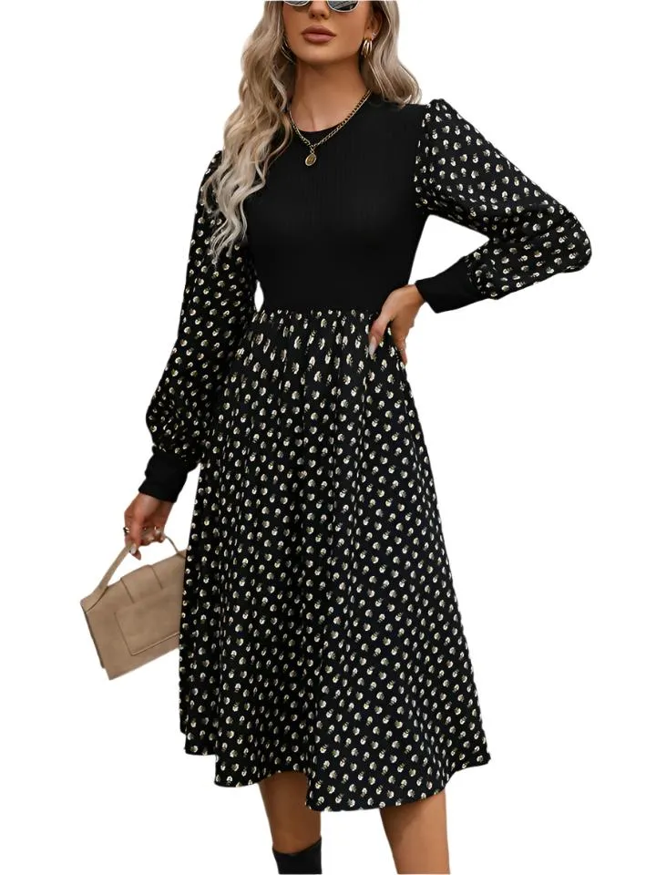 TEEK - Black Round Neck Long Sleeve Dress
