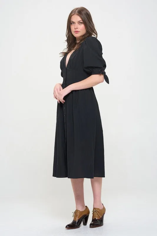 Textured V-Neck Button Down Midi Dress - Off White, Black