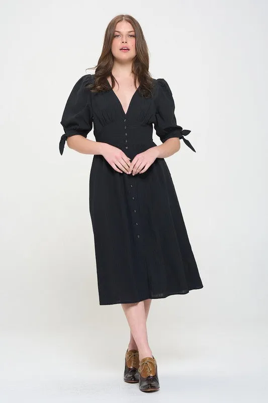 Textured V-Neck Button Down Midi Dress - Off White, Black