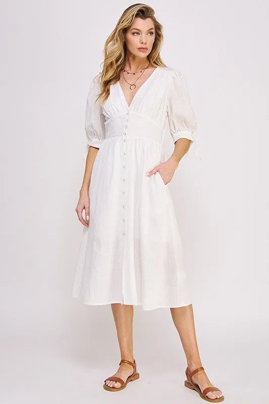 Textured V-Neck Button Down Midi Dress - Off White, Black