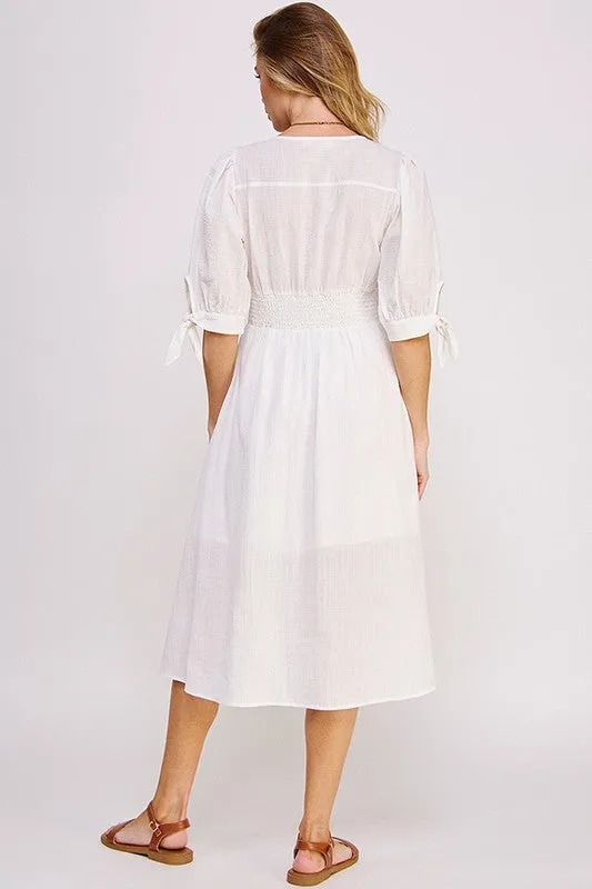 Textured V-Neck Button Down Midi Dress - Off White, Black