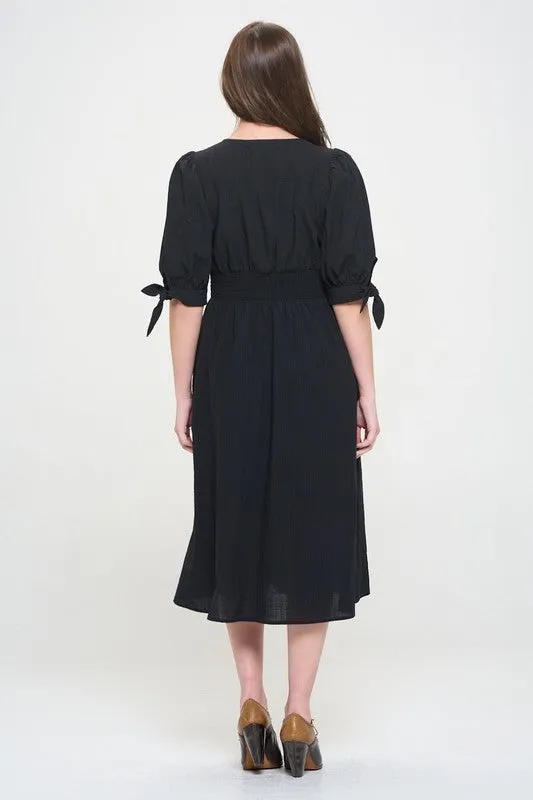 Textured V-Neck Button Down Midi Dress - Off White, Black