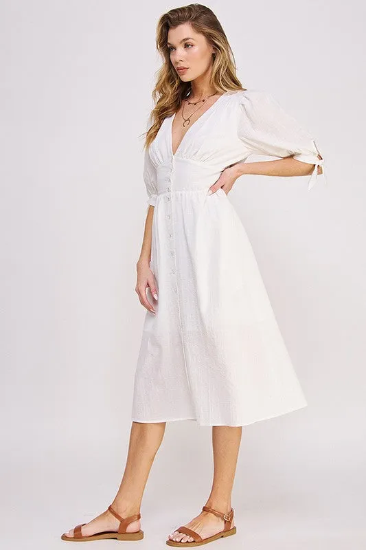 Textured V-Neck Button Down Midi Dress - Off White, Black