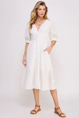Textured V-Neck Button Down Midi Dress - Off White, Black