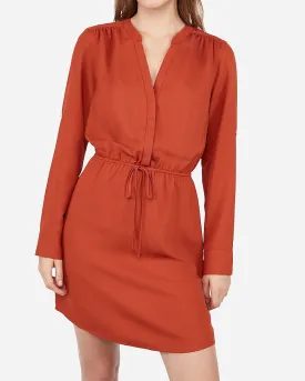 Tie Waist Long Sleeve Shirt Dress in Rust