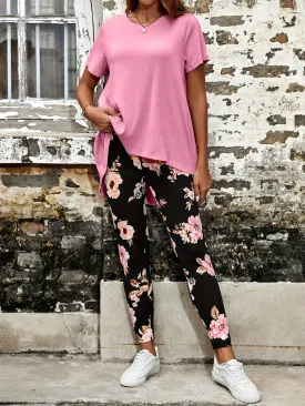 Two-Piece Casual Outfit - Crew Neck Short Sleeve T-Shirt & Asymmetrical Floral Pattern Slim Fit Pants - Polyester Micro Elasticity Knit Fabric, Random Printing, All Seasons, No Sheer
