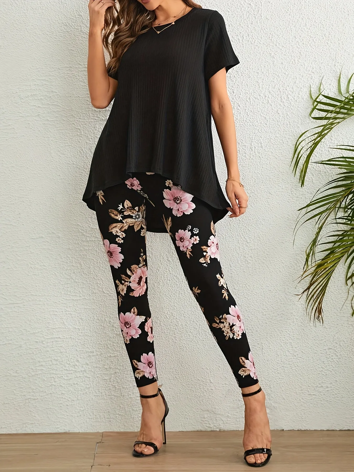 Two-Piece Casual Outfit - Crew Neck Short Sleeve T-Shirt & Asymmetrical Floral Pattern Slim Fit Pants - Polyester Micro Elasticity Knit Fabric, Random Printing, All Seasons, No Sheer