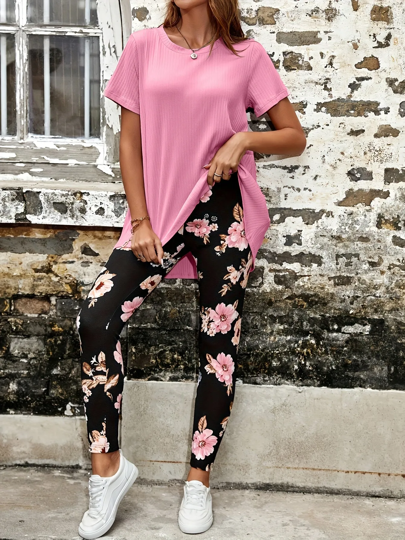 Two-Piece Casual Outfit - Crew Neck Short Sleeve T-Shirt & Asymmetrical Floral Pattern Slim Fit Pants - Polyester Micro Elasticity Knit Fabric, Random Printing, All Seasons, No Sheer