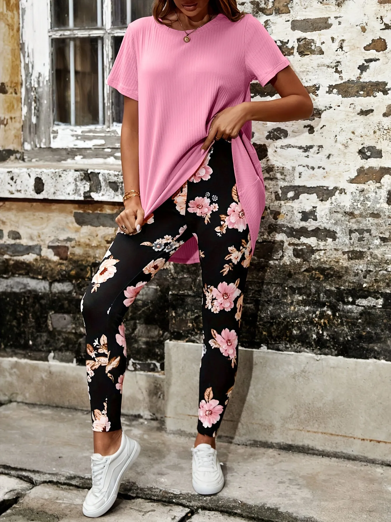Two-Piece Casual Outfit - Crew Neck Short Sleeve T-Shirt & Asymmetrical Floral Pattern Slim Fit Pants - Polyester Micro Elasticity Knit Fabric, Random Printing, All Seasons, No Sheer