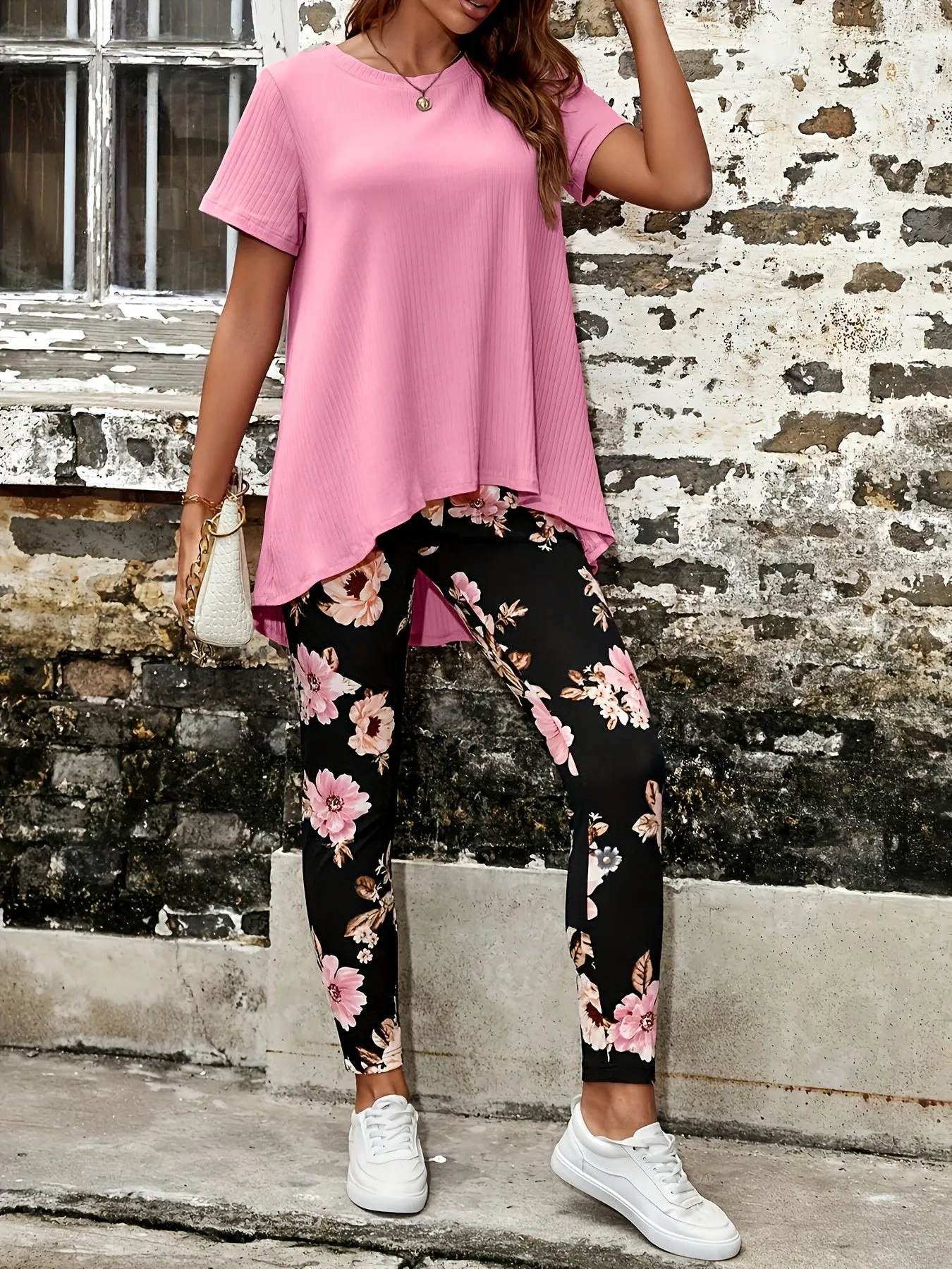 Two-Piece Casual Outfit - Crew Neck Short Sleeve T-Shirt & Asymmetrical Floral Pattern Slim Fit Pants - Polyester Micro Elasticity Knit Fabric, Random Printing, All Seasons, No Sheer