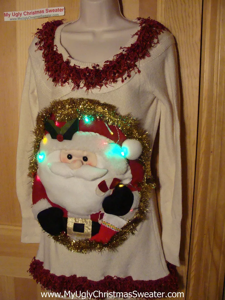 Ugly Christmas Sweater Party Tacky Dress with Puffy Santa and Lights (d55)