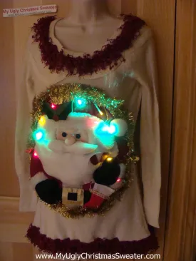 Ugly Christmas Sweater Party Tacky Dress with Puffy Santa and Lights (d55)