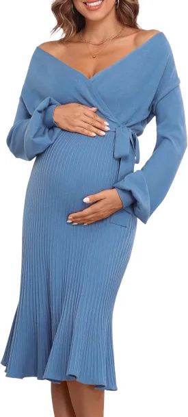 V FOR CITY Maternity Sweater Dress Women Spring Wrap V Neck Pleated A Line Waist with Belt Pregnancy Photoshoot Baby Shower