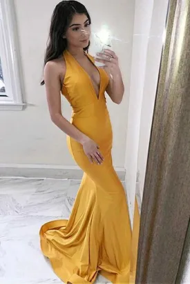 V Neck Mermaid Yellow Satin Long Prom Dress, V Neck Mermaid Yellow Formal Dress, Yellow Mermaid Evening Dress