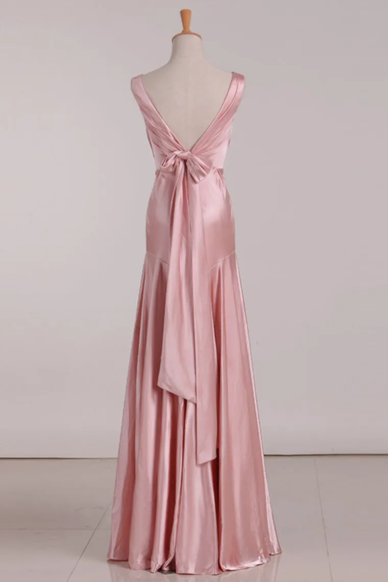 V-Neck Pink Tie Back Mermaid Bridesmaid Dress