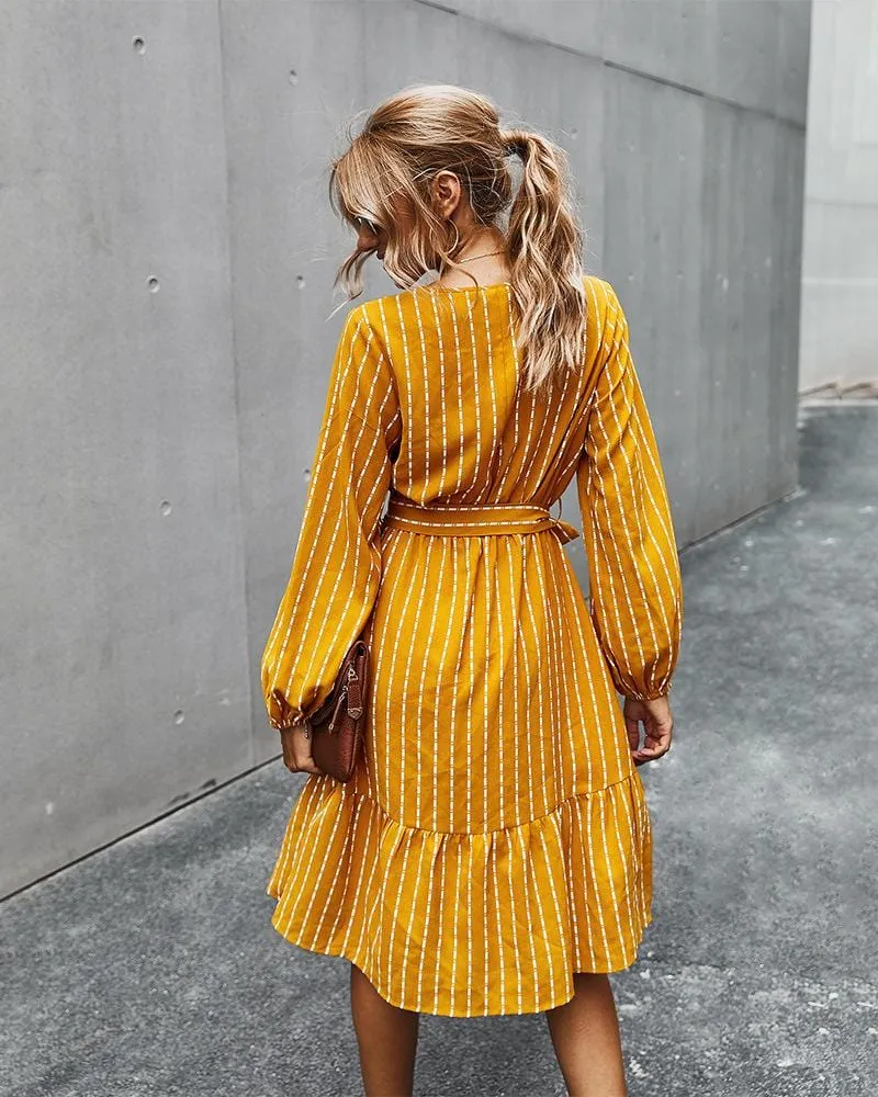 V Neck Tie Waist Striped Dress