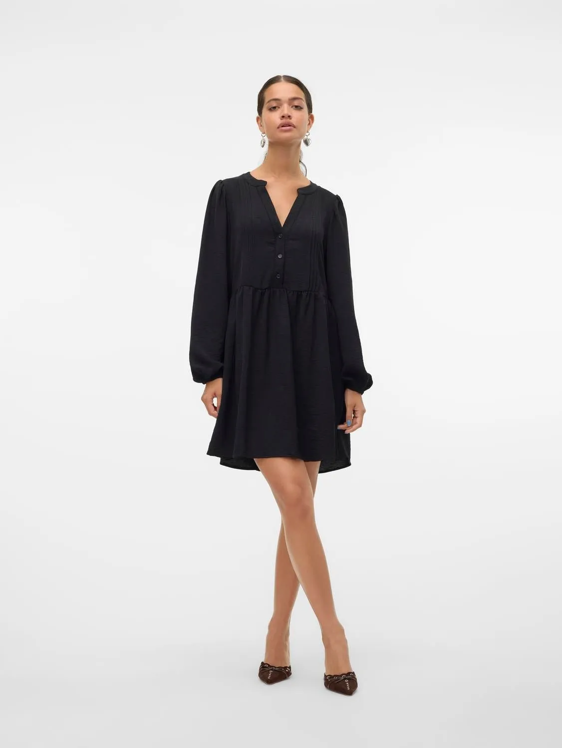 V-Neck Waisted Long Sleeve Dress