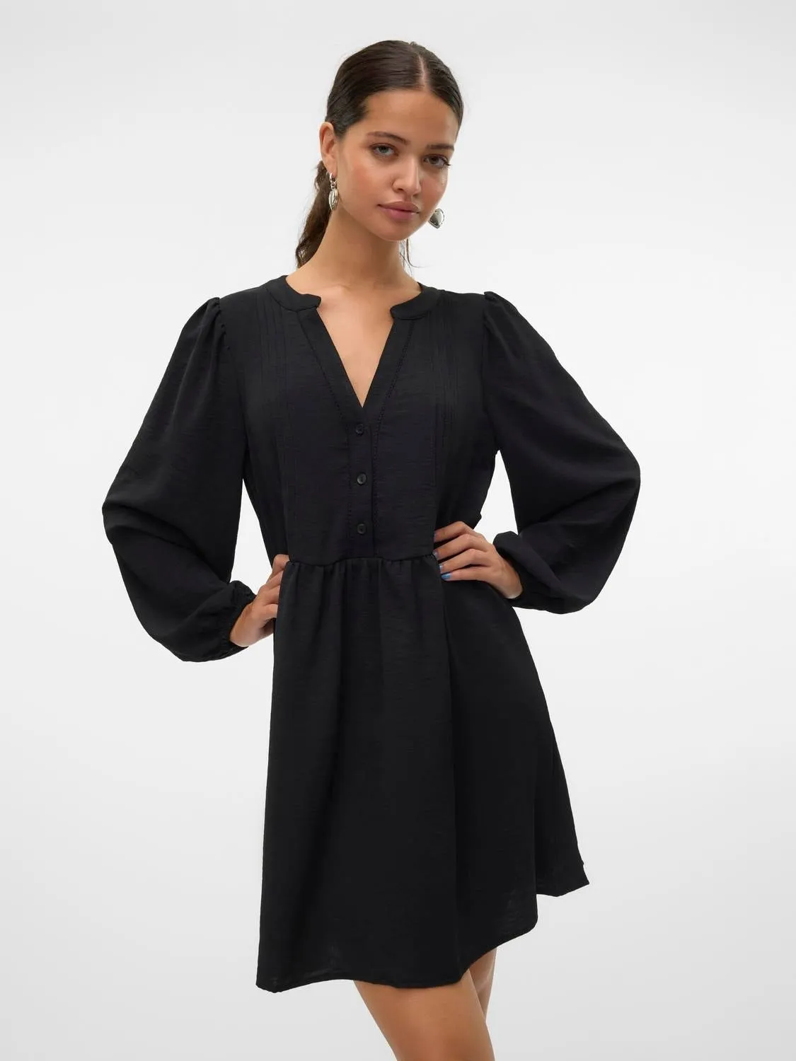 V-Neck Waisted Long Sleeve Dress