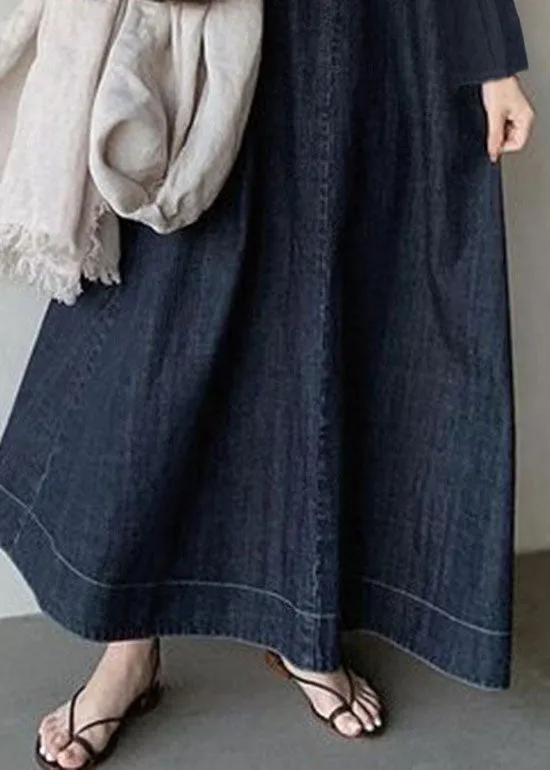 Vintage Navy V Neck Patchwork Loose Waist Cotton Dress Spring