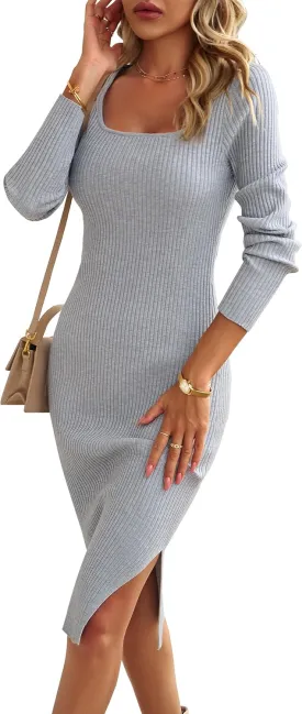 VintageClothing Women's 2025 Fall Long Sleeve Sweater Dress Square Neck Side Slit Bodycon Ribbed Knit Slim Fit Midi Dress