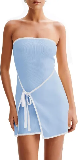 Wenrine Womens Sexy Tube Top Dress Strapless Self Tie Wrap Asymmetrical Hem Knit Summer Party Mini Dresses