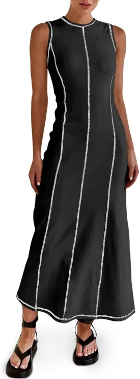 Wenrine Womens Sleeveless T Shirt Dress Summer Contrast Stitch Ribbed Knit Tank Maxi Dresses