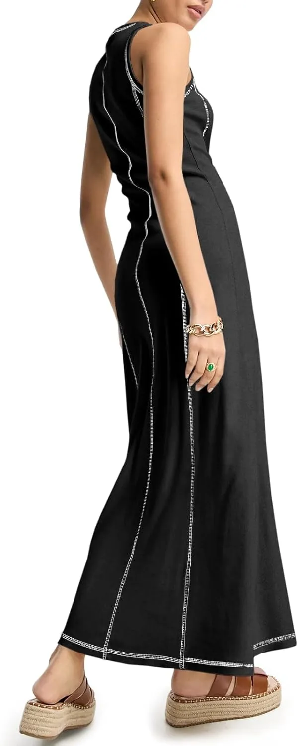 Wenrine Womens Sleeveless T Shirt Dress Summer Contrast Stitch Ribbed Knit Tank Maxi Dresses