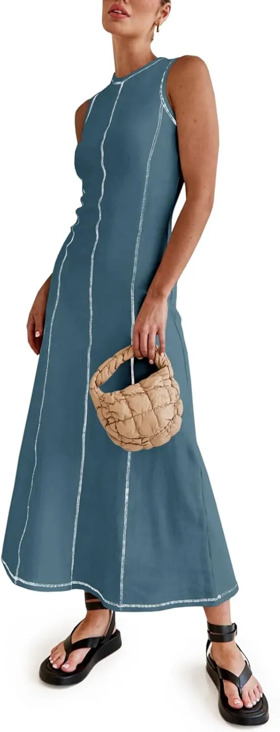 Wenrine Womens Sleeveless T Shirt Dress Summer Contrast Stitch Ribbed Knit Tank Maxi Dresses