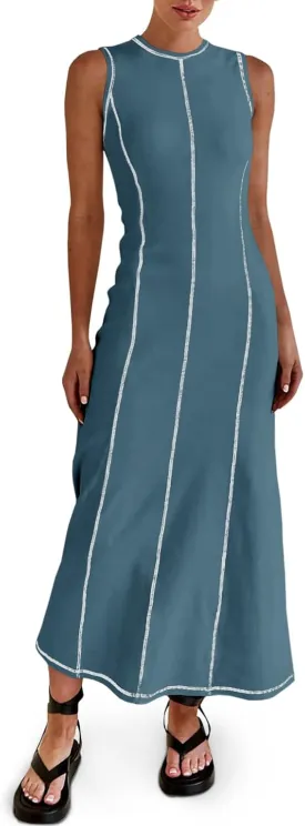 Wenrine Womens Sleeveless T Shirt Dress Summer Contrast Stitch Ribbed Knit Tank Maxi Dresses