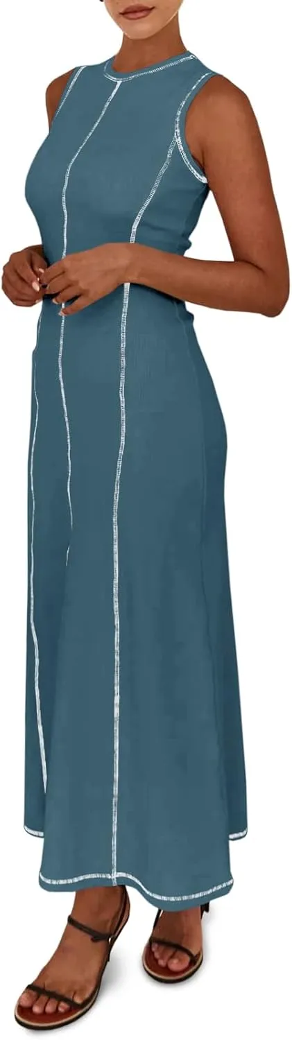 Wenrine Womens Sleeveless T Shirt Dress Summer Contrast Stitch Ribbed Knit Tank Maxi Dresses