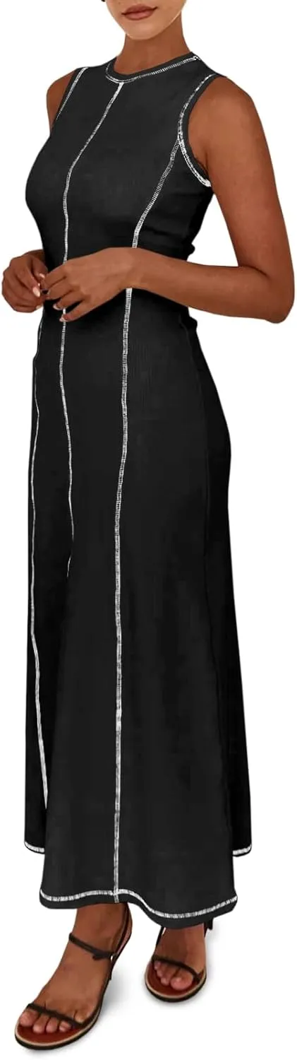 Wenrine Womens Sleeveless T Shirt Dress Summer Contrast Stitch Ribbed Knit Tank Maxi Dresses