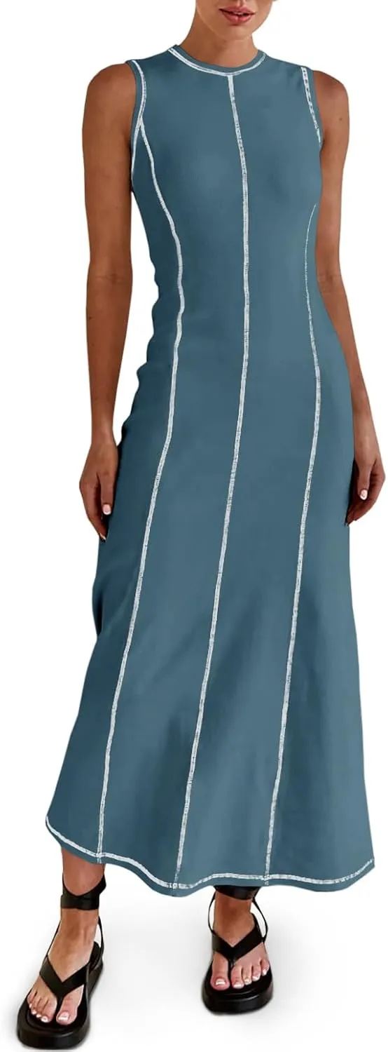 Wenrine Womens Sleeveless T Shirt Dress Summer Contrast Stitch Ribbed Knit Tank Maxi Dresses