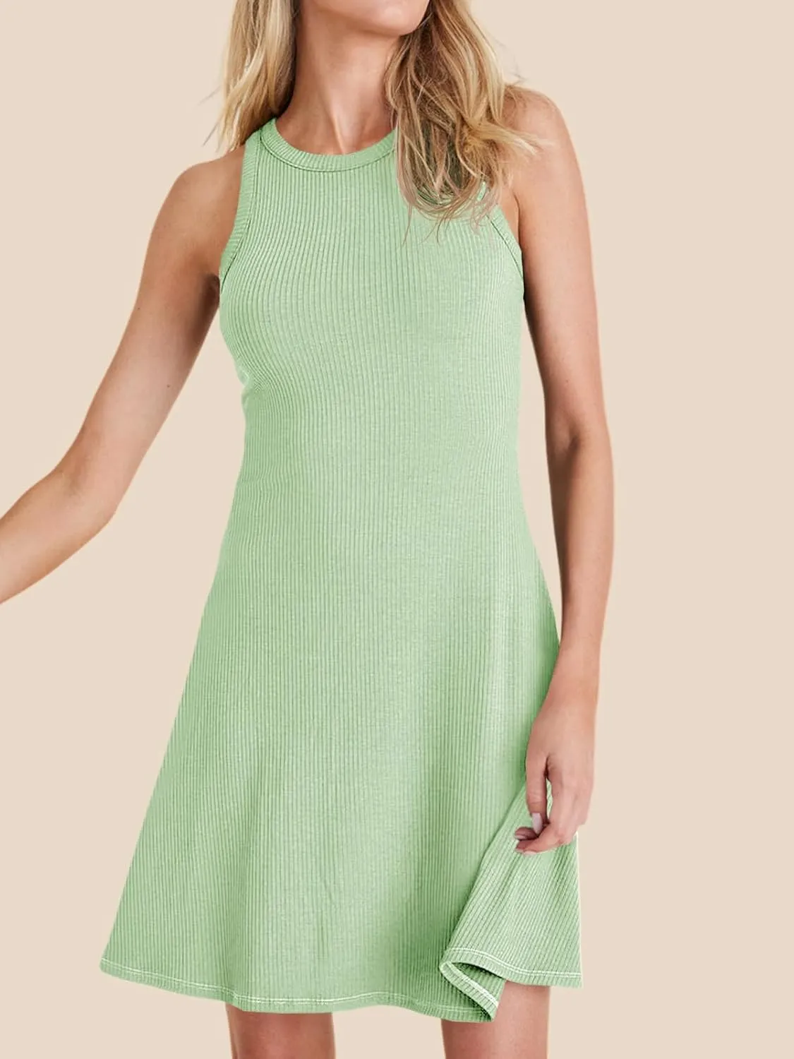 Wenrine Womens Summer Casual Tank Dress Ribbed Knit Sleeveless Crewneck A Line Mini Dresses