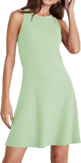 Wenrine Womens Summer Casual Tank Dress Ribbed Knit Sleeveless Crewneck A Line Mini Dresses