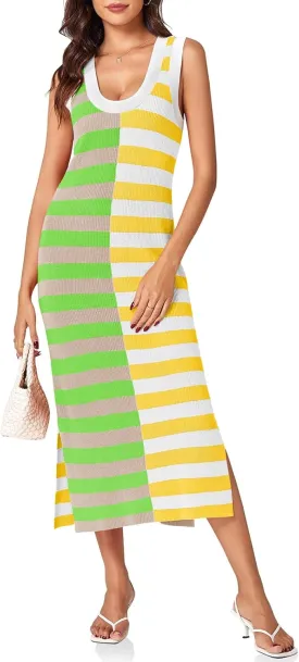 Wenrine Womens Summer Striped Dress Sleeveless Knitted Contrast Color Side Slit Casual Maxi Beach Dress