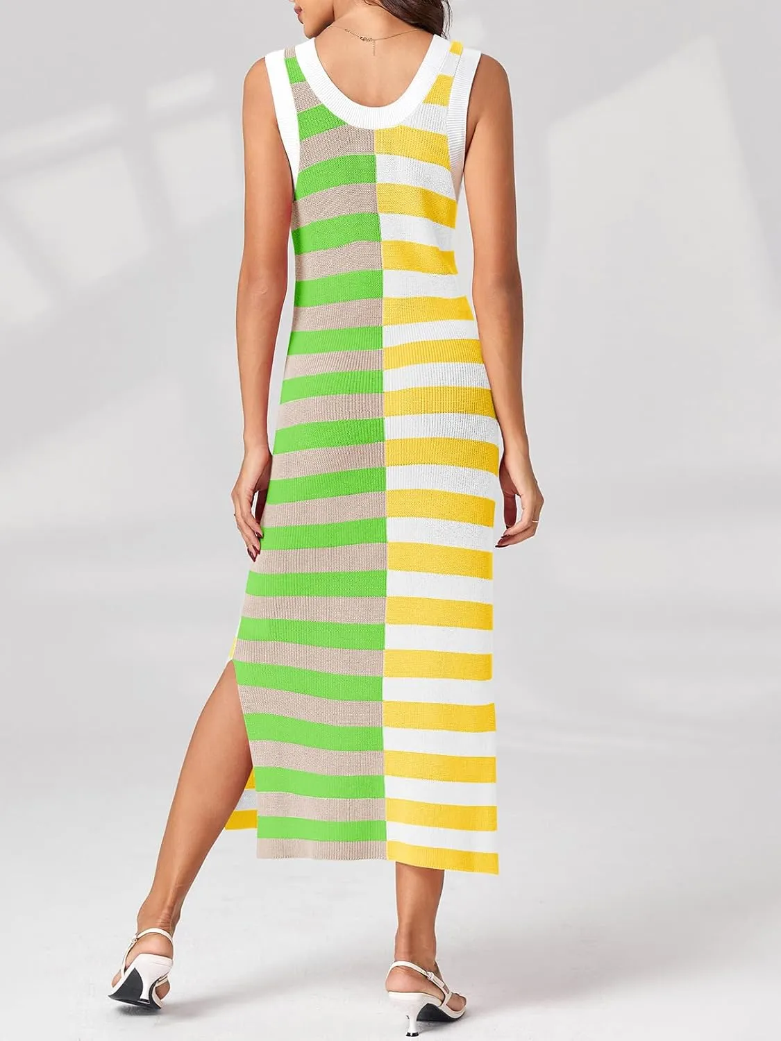 Wenrine Womens Summer Striped Dress Sleeveless Knitted Contrast Color Side Slit Casual Maxi Beach Dress